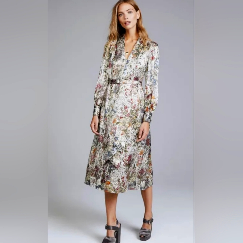 Tory Burch "Vanessa" Dress Metallic Floral Silver Size 8